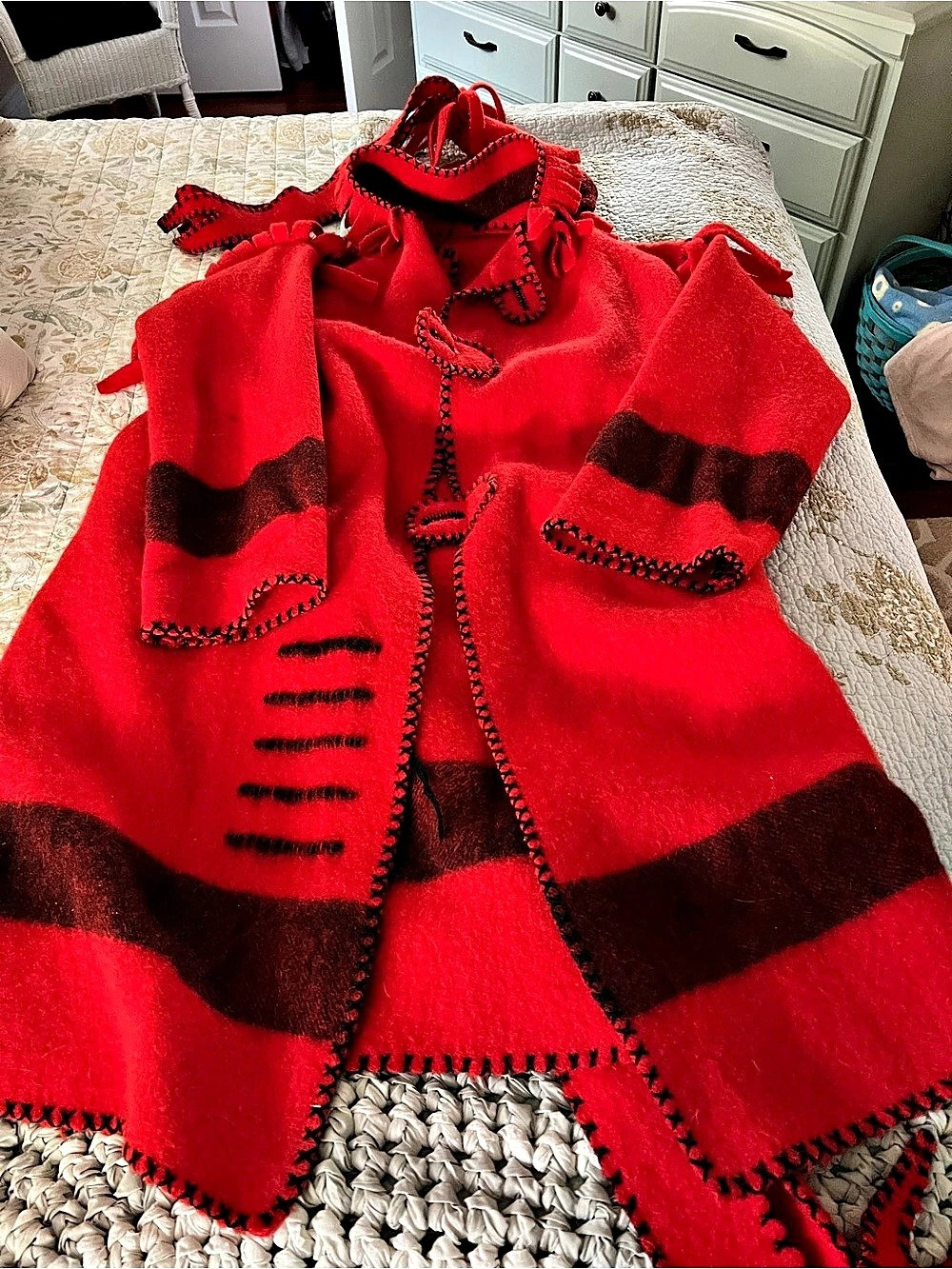 TWO -Vintage Handmade Wool Blanket Capote Coat – Red & Black – Hand Stitched –
